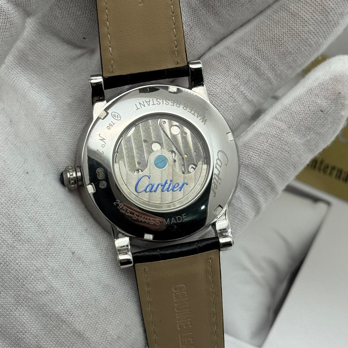 Cartier Dual Open-Balance Automatic Watch – Silver Case, Black Leather Strap