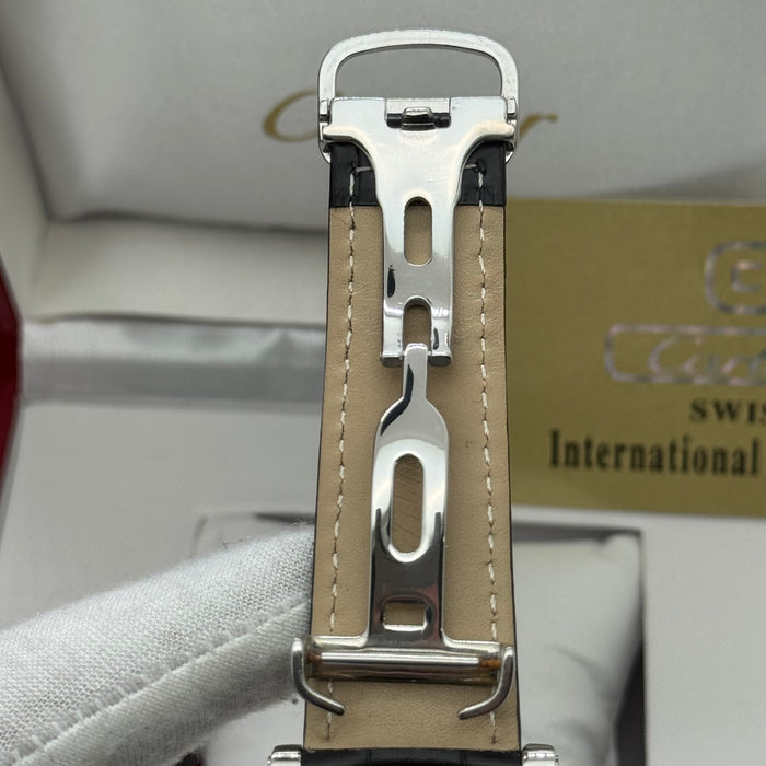 Cartier Dual Open-Balance Automatic Watch – Silver Case, Black Leather Strap
