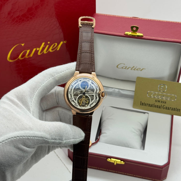 Cartier Skeleton Moonphase Automatic Watch – Rose Gold Case, Brown Leather Strap