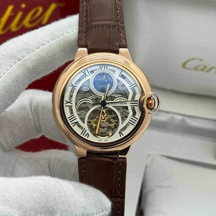 Cartier Skeleton Moonphase Automatic Watch – Rose Gold Case, Brown Leather Strap