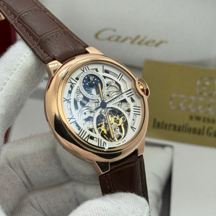 Cartier Skeleton Moonphase Automatic Watch – Rose Gold Case, Brown Leather Strap
