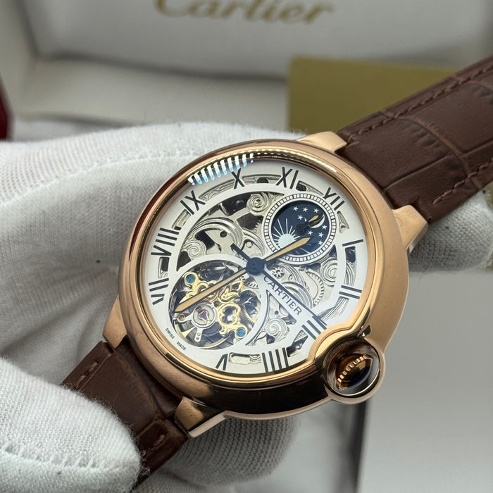 Cartier Skeleton Moonphase Automatic Watch – Rose Gold Case, Brown Leather Strap