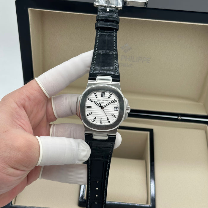 Patek Philippe Nautilus White Dial Swiss Super Clone – Black Leather Strap | Automatic Movement