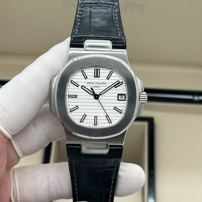Patek Philippe Nautilus White Dial Swiss Super Clone – Black Leather Strap | Automatic Movement