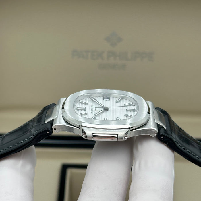 Patek Philippe Nautilus White Dial Swiss Super Clone – Black Leather Strap | Automatic Movement