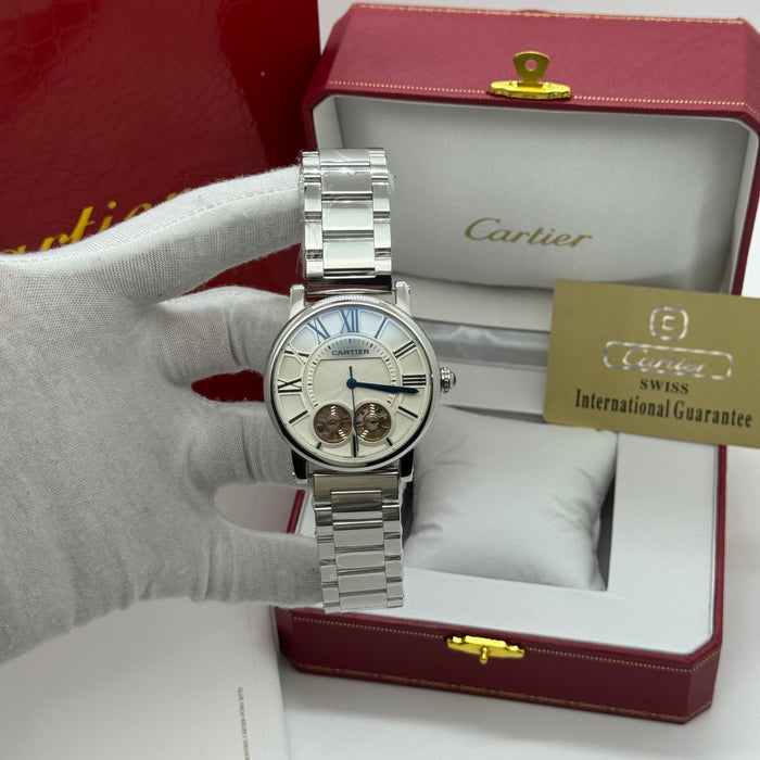 Cartier Automatic Skeleton Watch – White Dial, Stainless Steel Bracelet