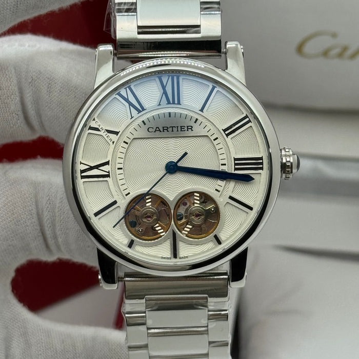 Cartier Automatic Skeleton Watch – White Dial, Stainless Steel Bracelet