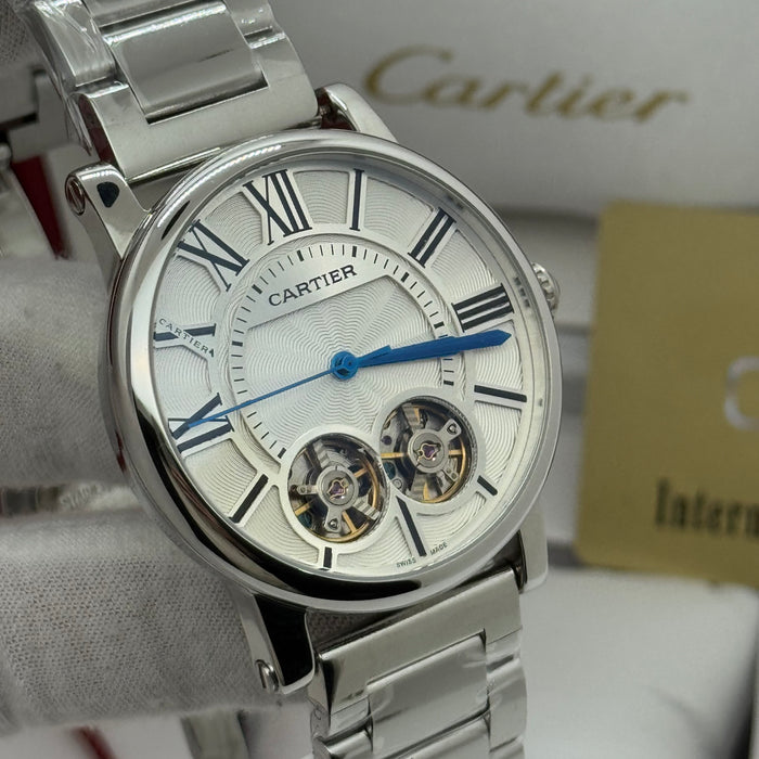 Cartier Automatic Skeleton Watch – White Dial, Stainless Steel Bracelet