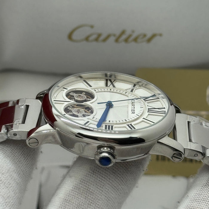 Cartier Automatic Skeleton Watch – White Dial, Stainless Steel Bracelet