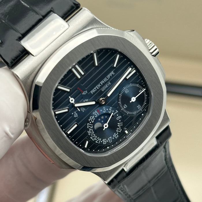 Patek Philippe Nautilus 5712 Blue Dial Moonphase Swiss Super Clone – Black Leather Strap | Automatic Movement