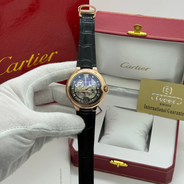 Cartier Skeleton Automatic Watch – Silver Case, Blue Dial, Black Leather Strap