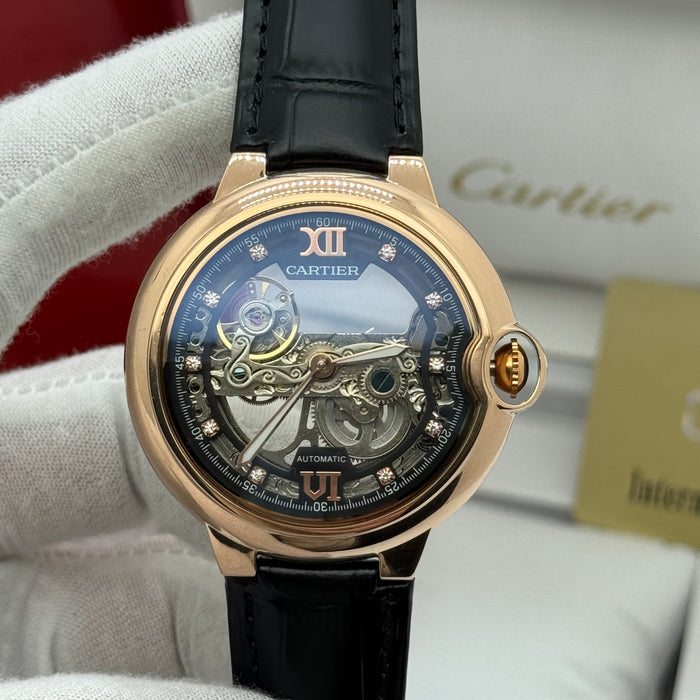 Cartier Skeleton Automatic Watch – Silver Case, Blue Dial, Black Leather Strap