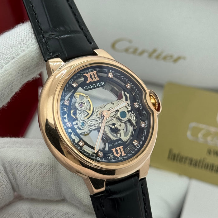 Cartier Skeleton Automatic Watch – Silver Case, Blue Dial, Black Leather Strap
