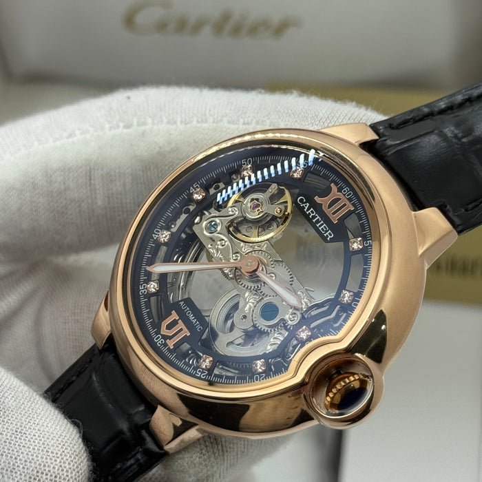 Cartier Skeleton Automatic Watch – Silver Case, Blue Dial, Black Leather Strap