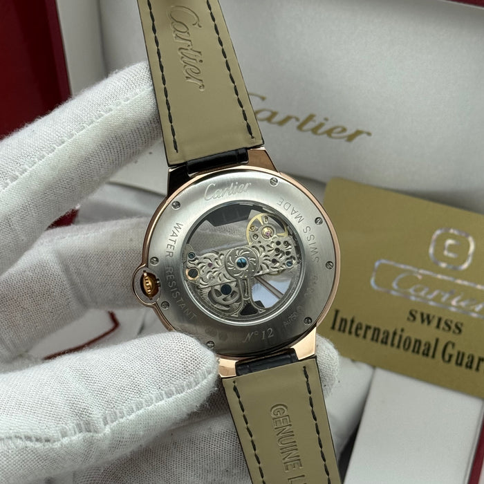 Cartier Skeleton Automatic Watch – Silver Case, Blue Dial, Black Leather Strap