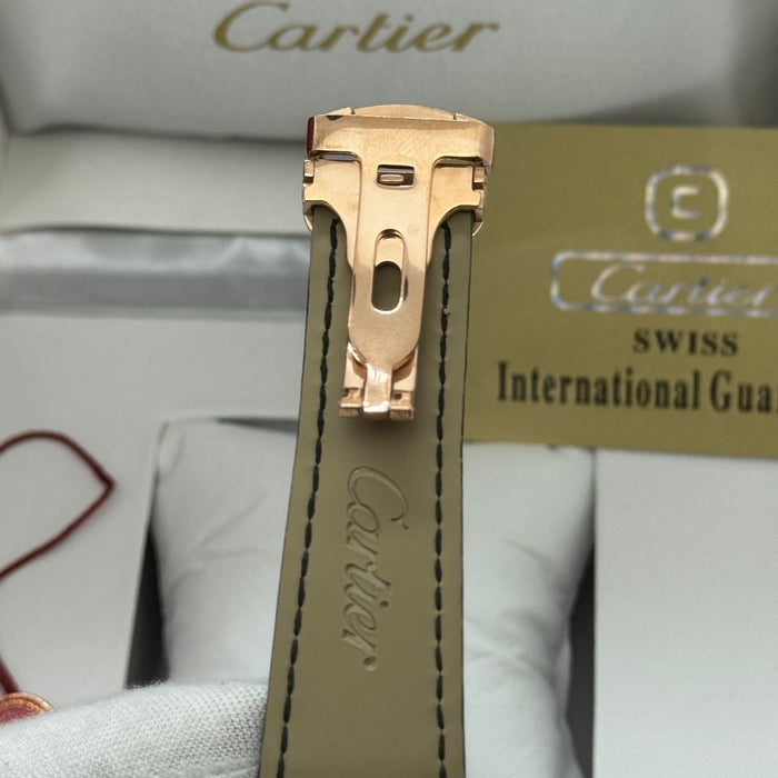 Cartier Skeleton Automatic Watch – Silver Case, Blue Dial, Black Leather Strap