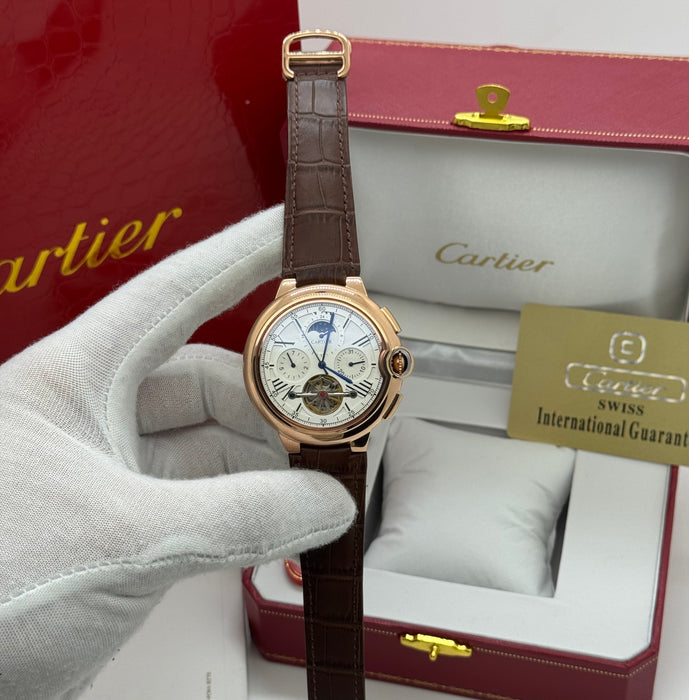 Cartier Automatic Chronograph Heritage Moonphase Watch – Rose Gold Case, Brown Leather Strap