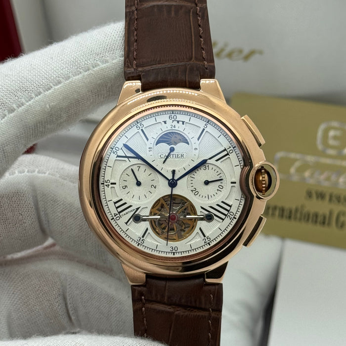 Cartier Automatic Chronograph Heritage Moonphase Watch – Rose Gold Case, Brown Leather Strap