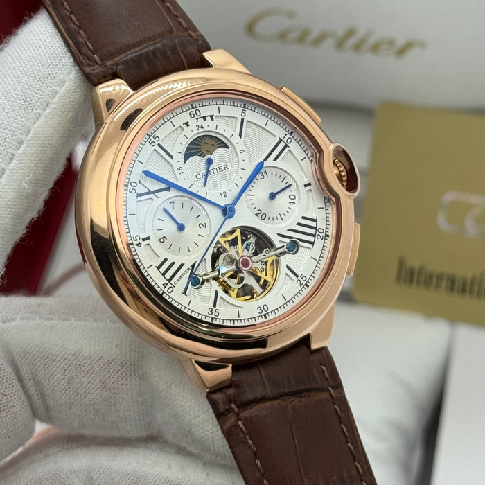Cartier Automatic Chronograph Heritage Moonphase Watch – Rose Gold Case, Brown Leather Strap