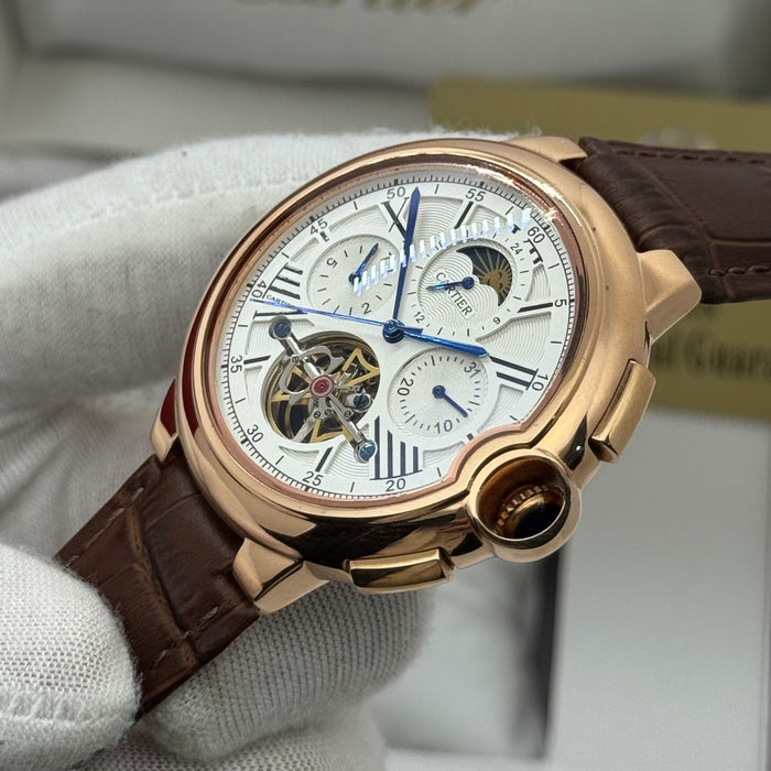 Cartier Automatic Chronograph Heritage Moonphase Watch – Rose Gold Case, Brown Leather Strap