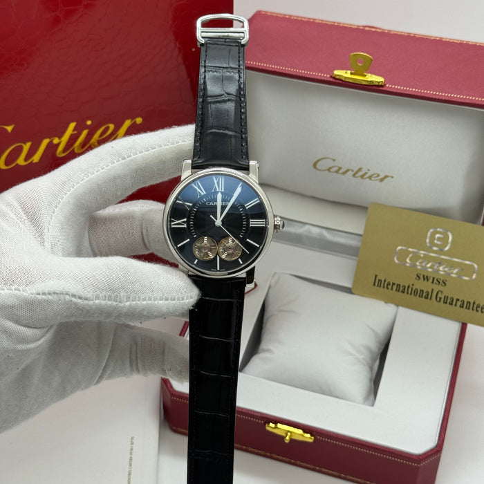 Cartier Automatic Skeleton Watch – Dual Balance Open Heart | Black Dial & Leather Strap