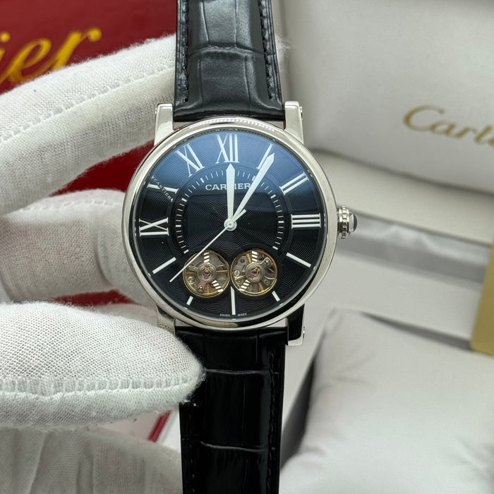 Cartier Automatic Skeleton Watch – Dual Balance Open Heart | Black Dial & Leather Strap