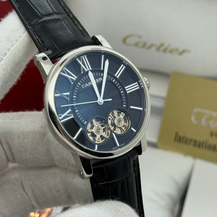 Cartier Automatic Skeleton Watch – Dual Balance Open Heart | Black Dial & Leather Strap