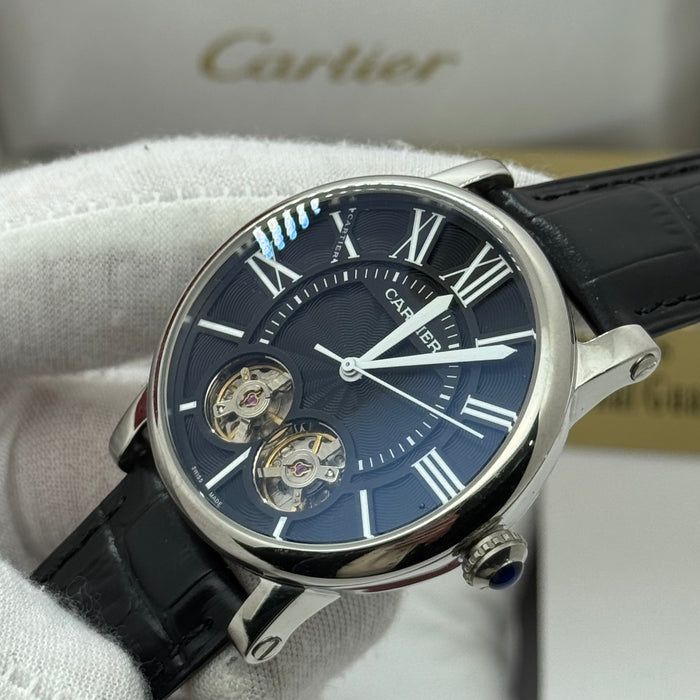 Cartier Automatic Skeleton Watch – Dual Balance Open Heart | Black Dial & Leather Strap