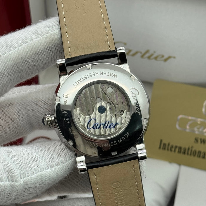 Cartier Automatic Skeleton Watch – Dual Balance Open Heart | Black Dial & Leather Strap