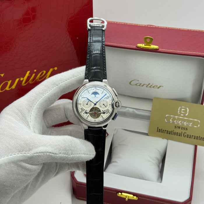 Cartier Ballon Bleu Skeleton Tourbillon – Silver Case, White Dial, Black Leather Strap