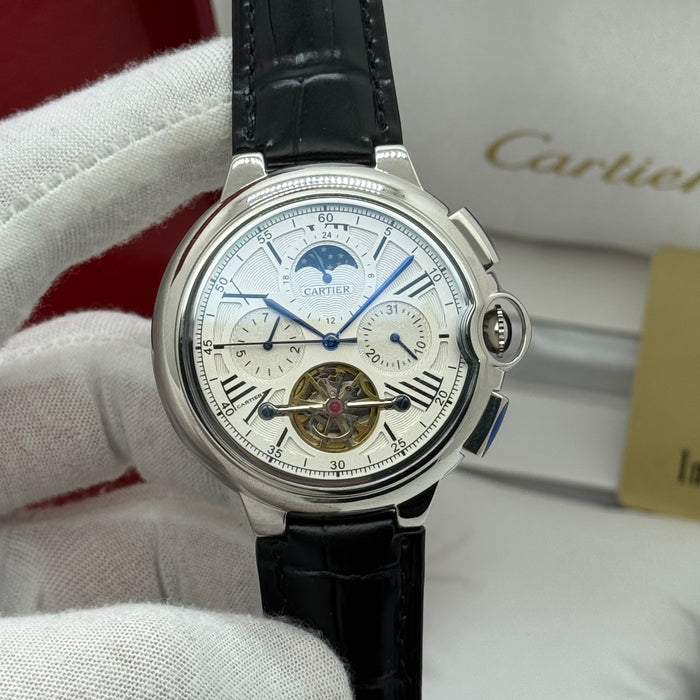 Cartier Ballon Bleu Skeleton Tourbillon – Silver Case, White Dial, Black Leather Strap