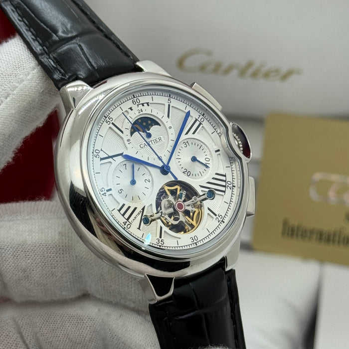Cartier Ballon Bleu Skeleton Tourbillon – Silver Case, White Dial, Black Leather Strap