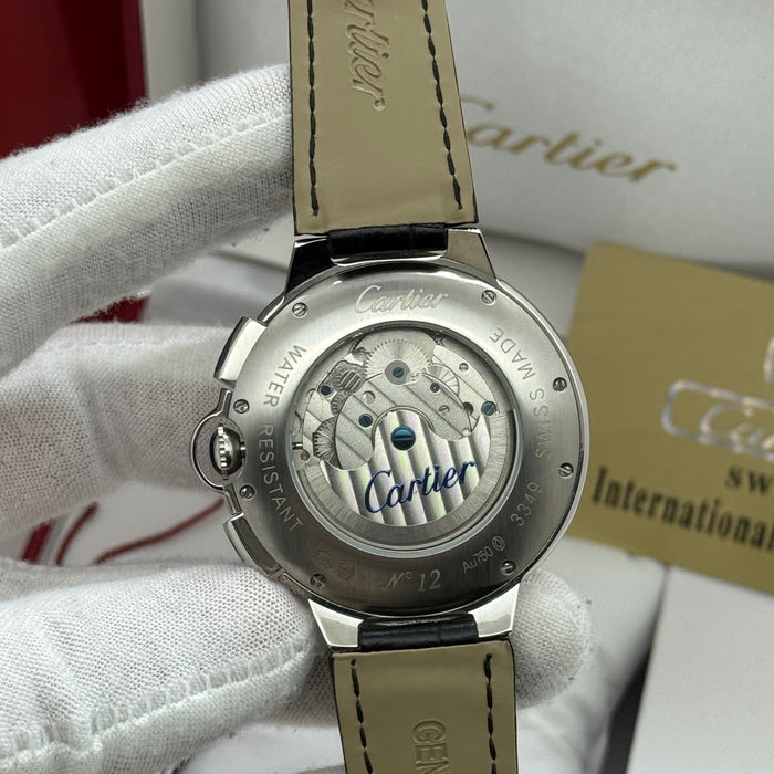 Cartier Ballon Bleu Skeleton Tourbillon – Silver Case, White Dial, Black Leather Strap