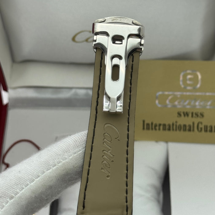 Cartier Ballon Bleu Skeleton Tourbillon – Silver Case, White Dial, Black Leather Strap