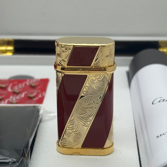 Cartier Luxury Lighter – Burgundy Gold Engraved Edition (Premium Gift Set)