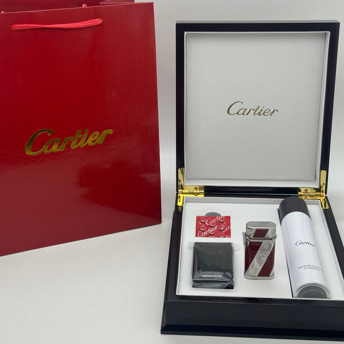 Cartier Luxury Lighter – Burgundy Silver Engraved Edition (Premium Gift Set)