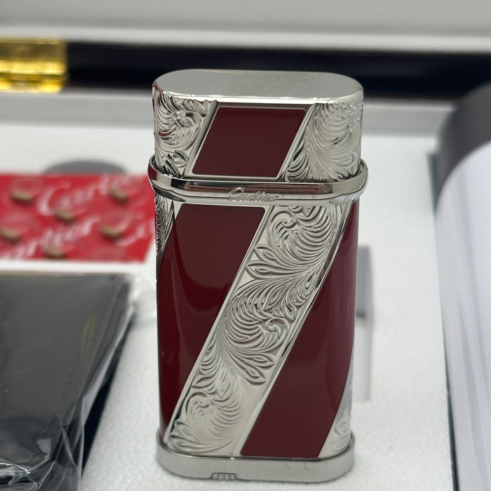 Cartier Luxury Lighter – Burgundy Silver Engraved Edition (Premium Gift Set)