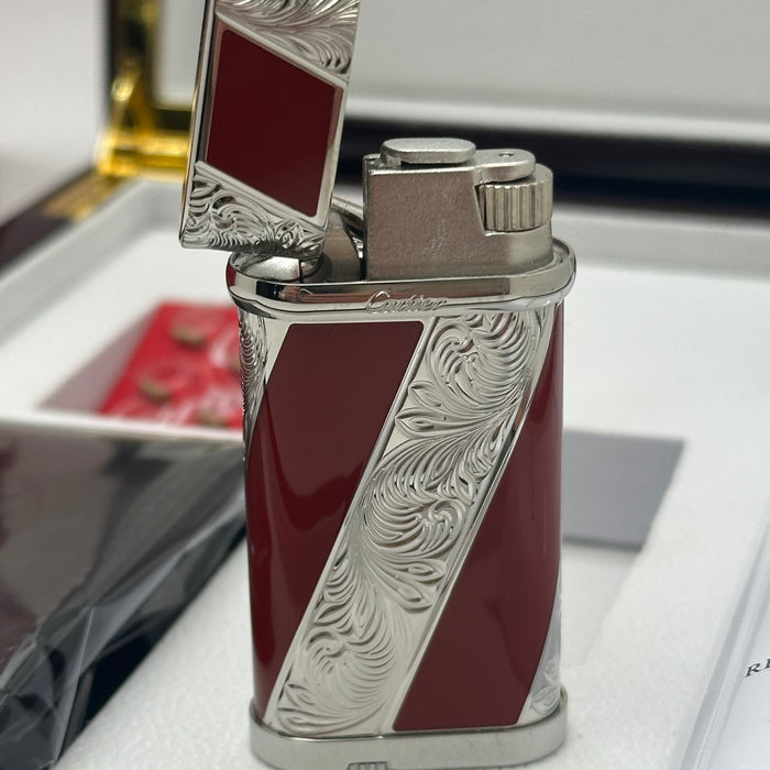 Cartier Luxury Lighter – Burgundy Silver Engraved Edition (Premium Gift Set)