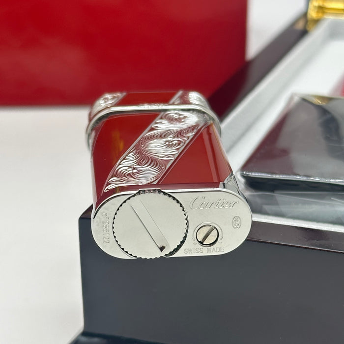 Cartier Luxury Lighter – Burgundy Silver Engraved Edition (Premium Gift Set)