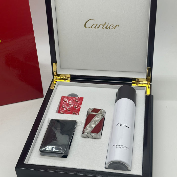 Cartier Luxury Lighter – Burgundy Silver Engraved Edition (Premium Gift Set)