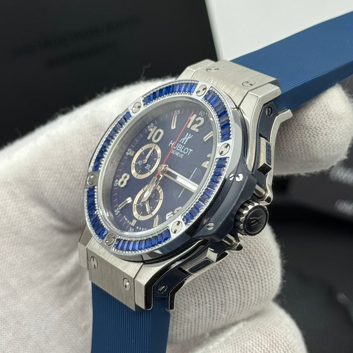 Hublot Classic Fusion Chronograph – Blue Dial | Blue Baguette Bezel & Rubber Strap