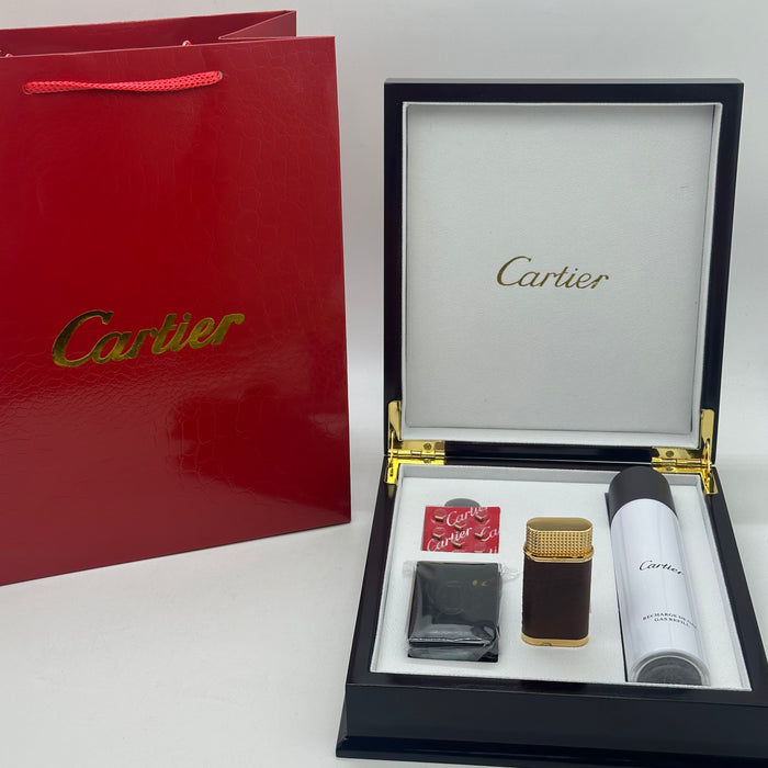 Cartier Luxury Lighter – Brown Leather Gold Edition (Classic Gentleman Set)