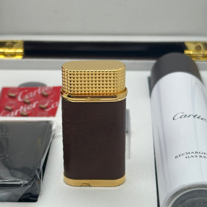 Cartier Luxury Lighter – Brown Leather Gold Edition (Classic Gentleman Set)