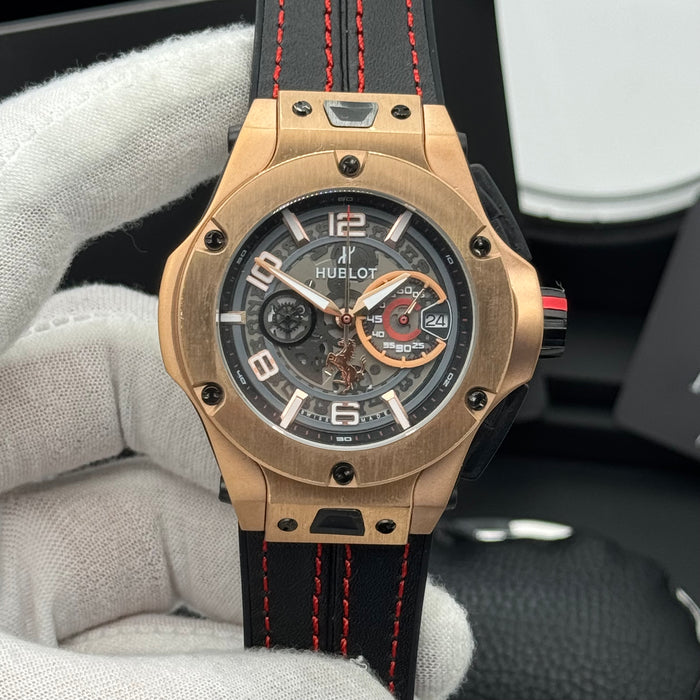 Hublot Big Bang Ferrari Skeleton Chronograph – Rose Gold Case | Black Strap with Red Stitching