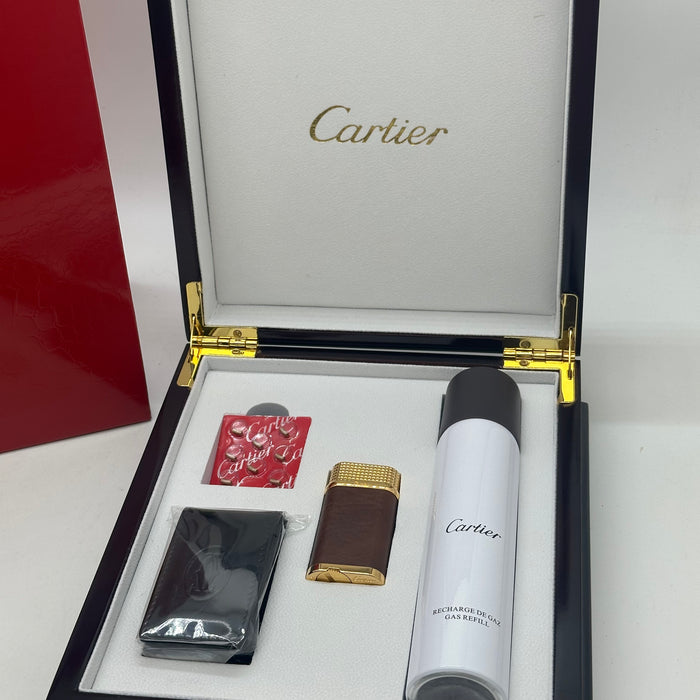 Cartier Luxury Lighter – Brown Leather Gold Edition (Classic Gentleman Set)