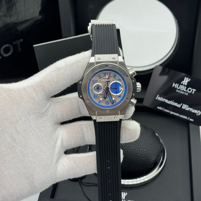 Hublot Big Bang Skeleton Chronograph – Steel Case | Blue Accents & Black Rubber Strap