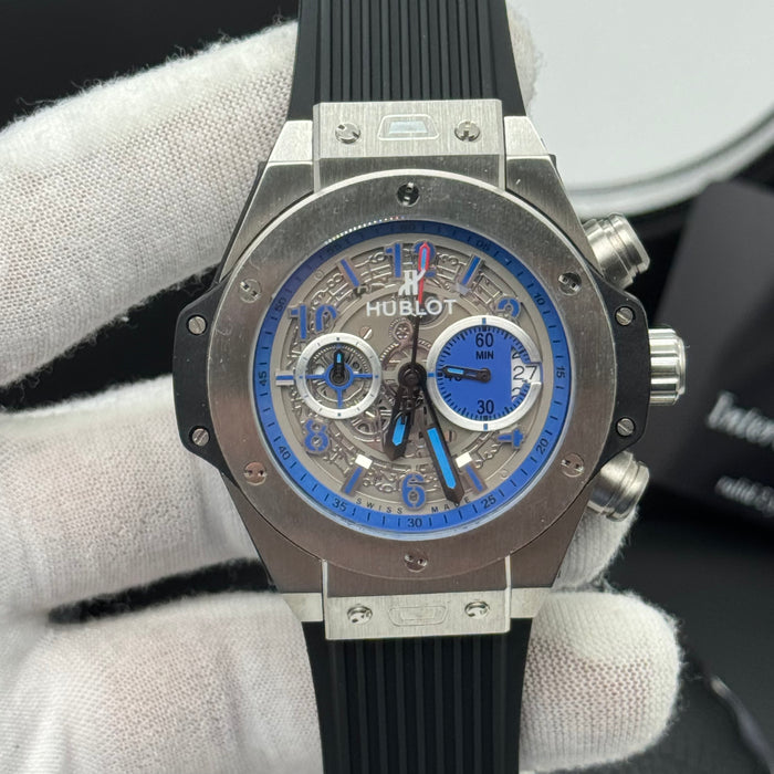 Hublot Big Bang Skeleton Chronograph – Steel Case | Blue Accents & Black Rubber Strap