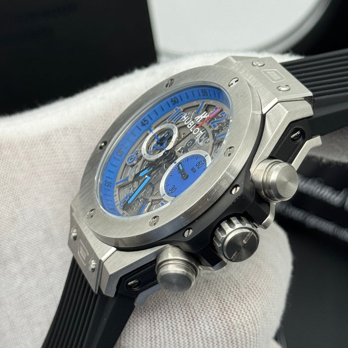 Hublot Big Bang Skeleton Chronograph – Steel Case | Blue Accents & Black Rubber Strap