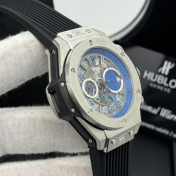 Hublot Big Bang Skeleton Chronograph – Steel Case | Blue Accents & Black Rubber Strap