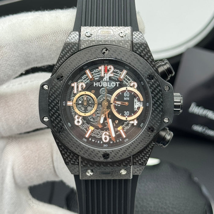 Hublot Big Bang Skeleton Chronograph – Full Black Carbon | Rose Gold Accents & Rubber Strap